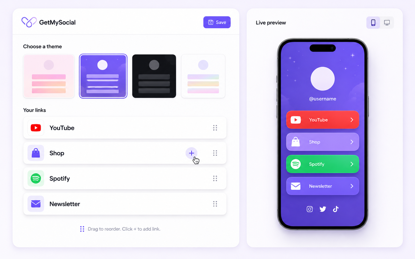 GetMySocial page editor with theme picker and link list
